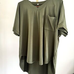 Flowy High Low Olive Green Shortsleeve V Neck Tunic Tee Shirt 2XL